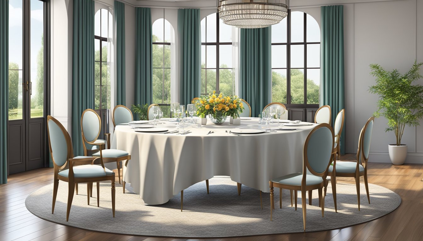 A 150cm round dining table surrounded by chairs, with a tablecloth and place settings