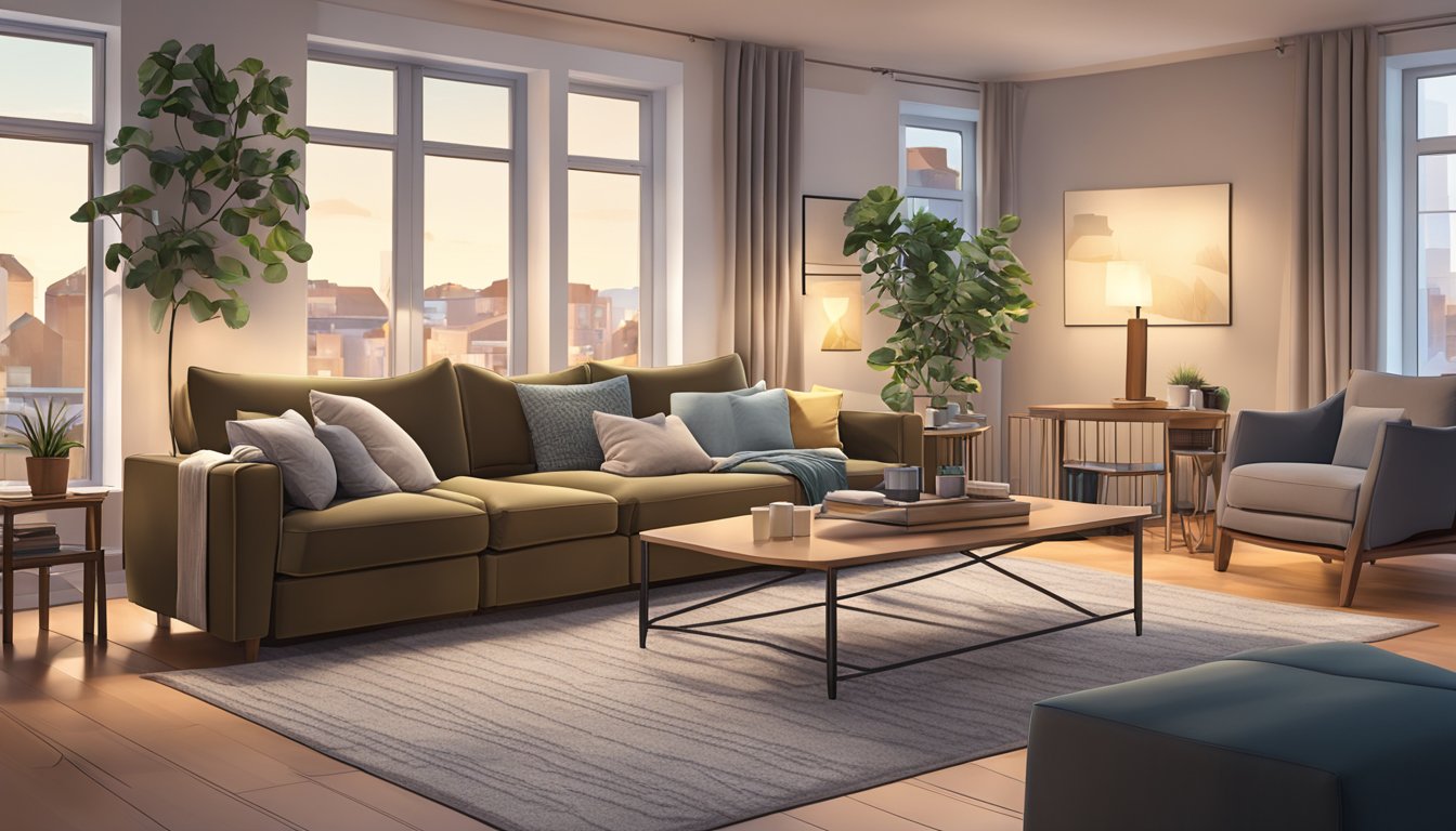 A cozy living room with a spacious 3-seater recliner sofa as the focal point, surrounded by soft lighting and a side table for added practicality