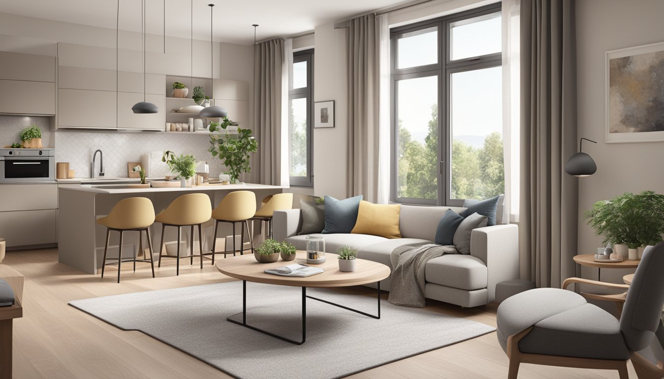 A cozy 2-room flat with modern furniture, large windows, and a neutral color palette. A small dining area and a comfortable living space are visible