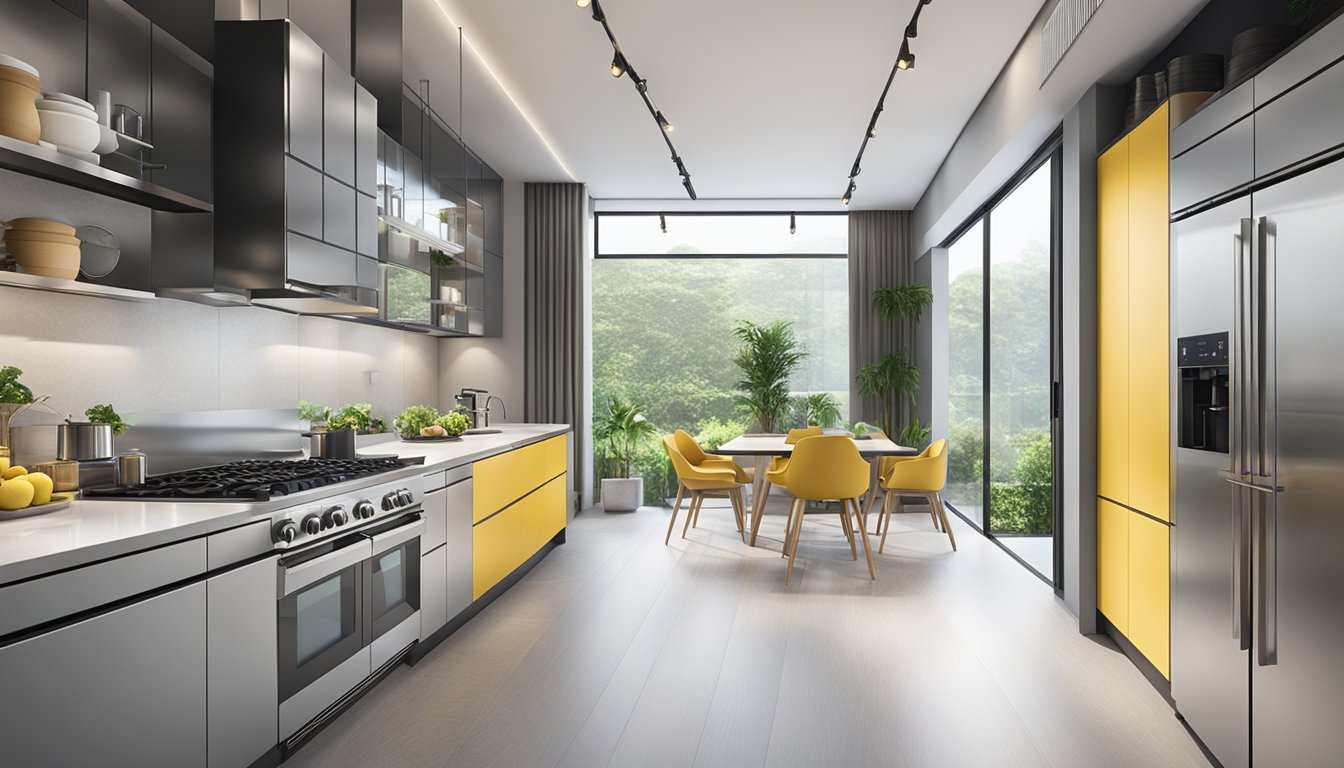 A sleek, modern kitchen with rows of stainless steel appliances on display in a bright, spacious showroom in Singapore