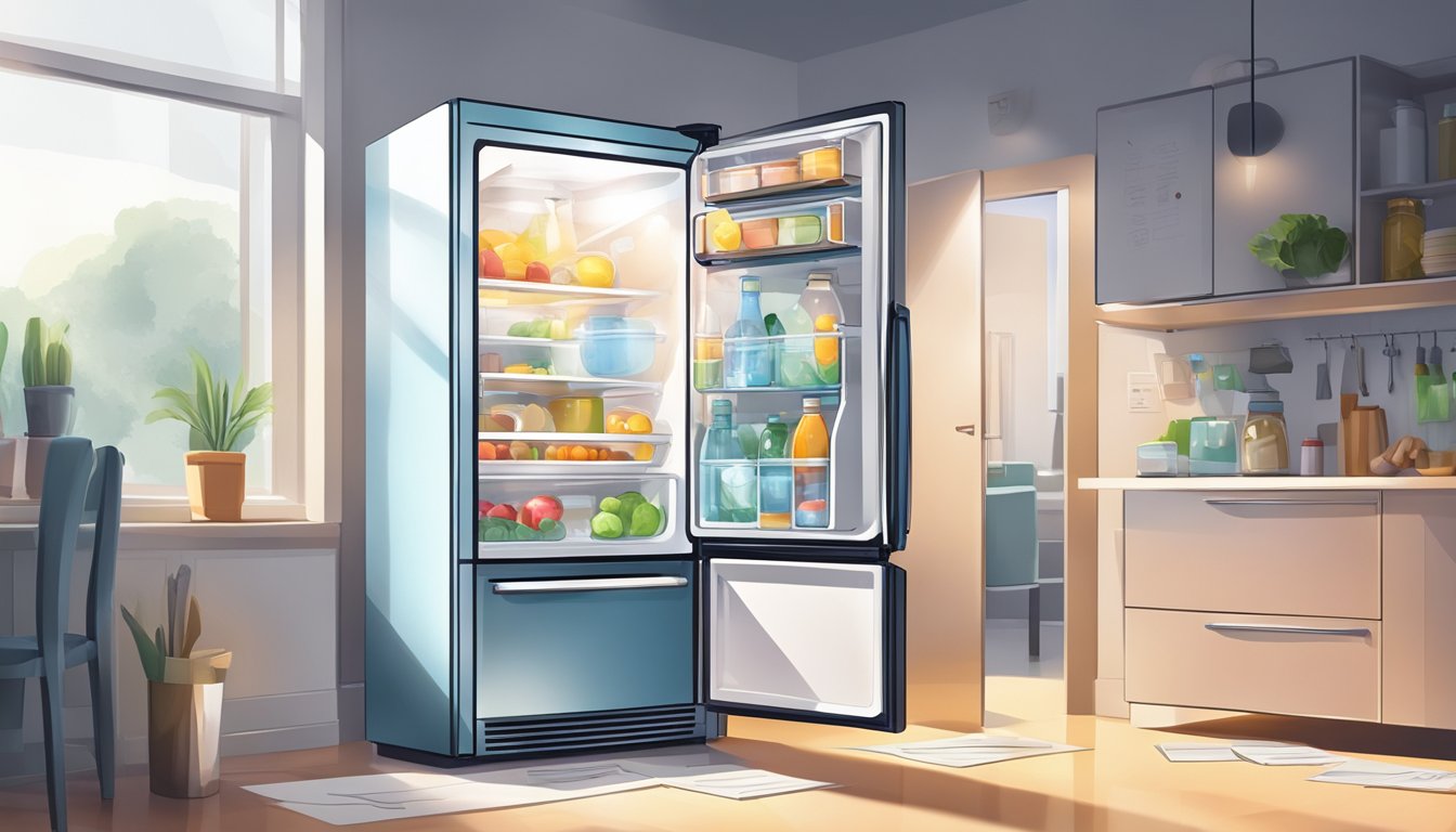 A fridge stands tall, its shiny surface reflecting the light, with magnets and notes scattered across its door