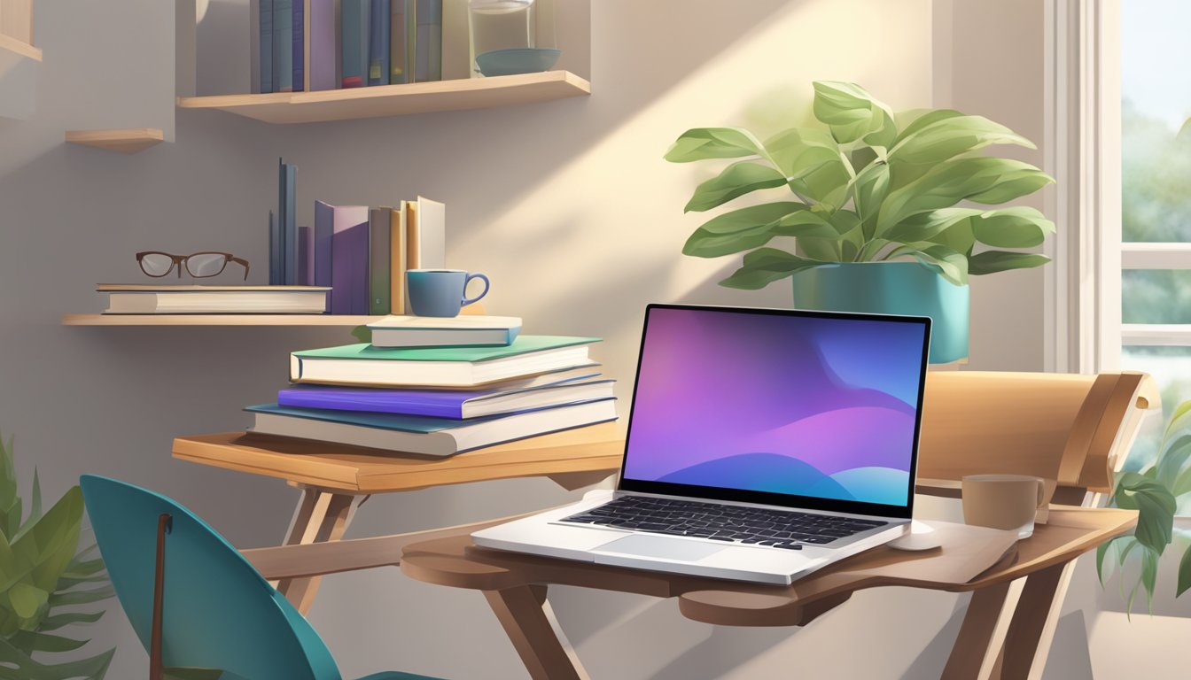 A foldable study table in a well-lit room with a laptop, books, and a cup of coffee on top