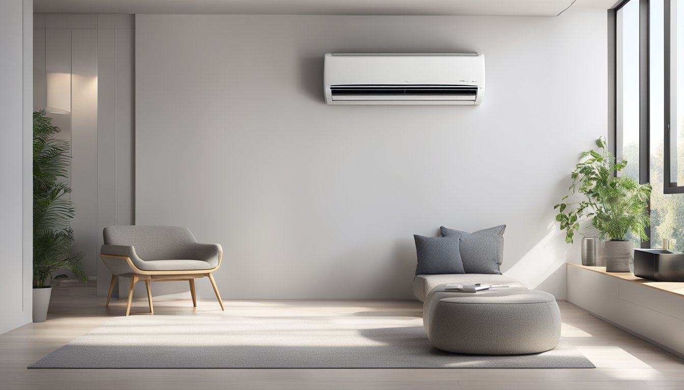 A sleek LG air conditioner mounted on a white wall, with cool air flowing out and the room feeling comfortable