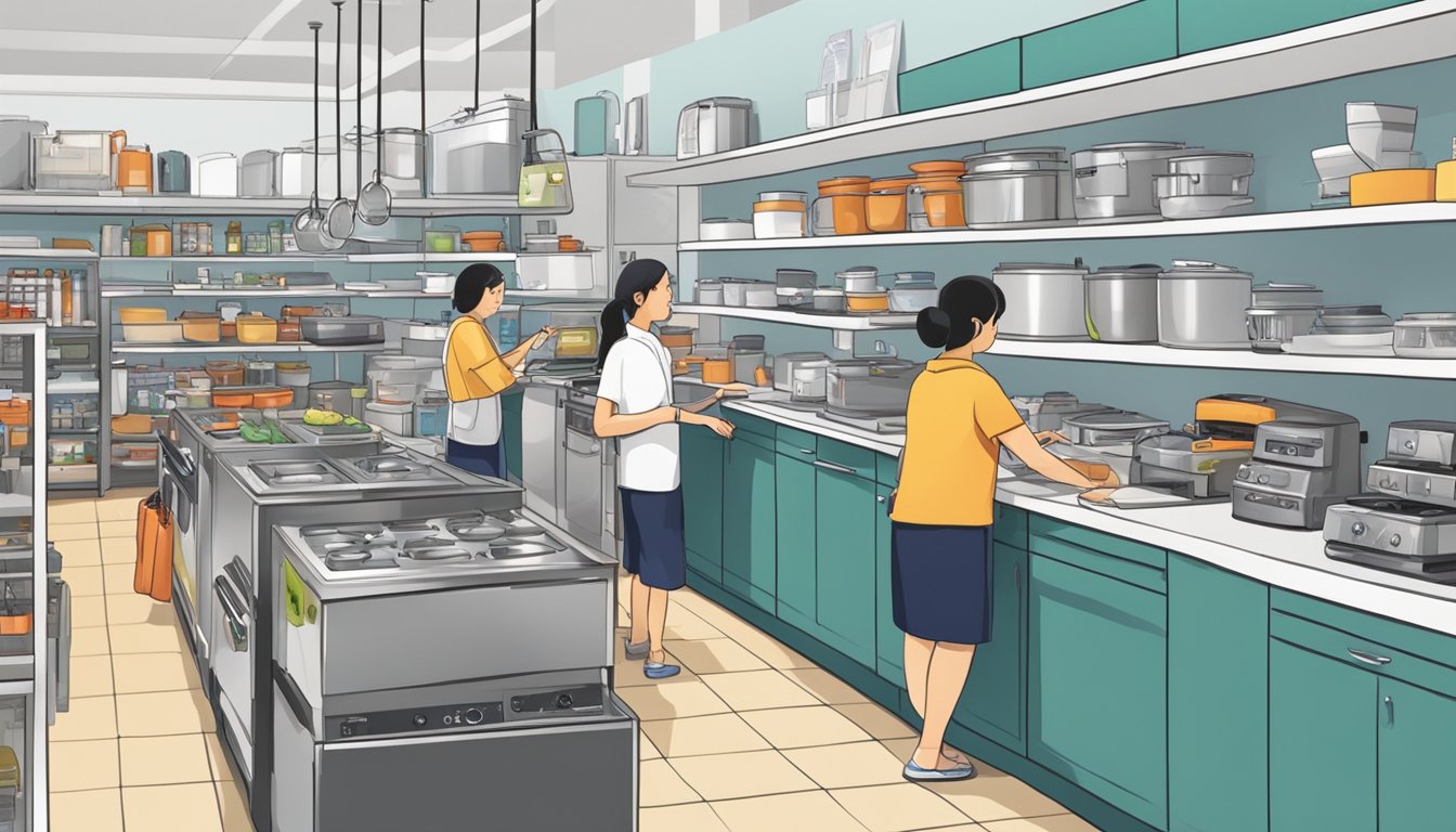 A busy kitchen appliance store in Singapore, with shelves stocked with various appliances and customers browsing and asking questions to sales staff