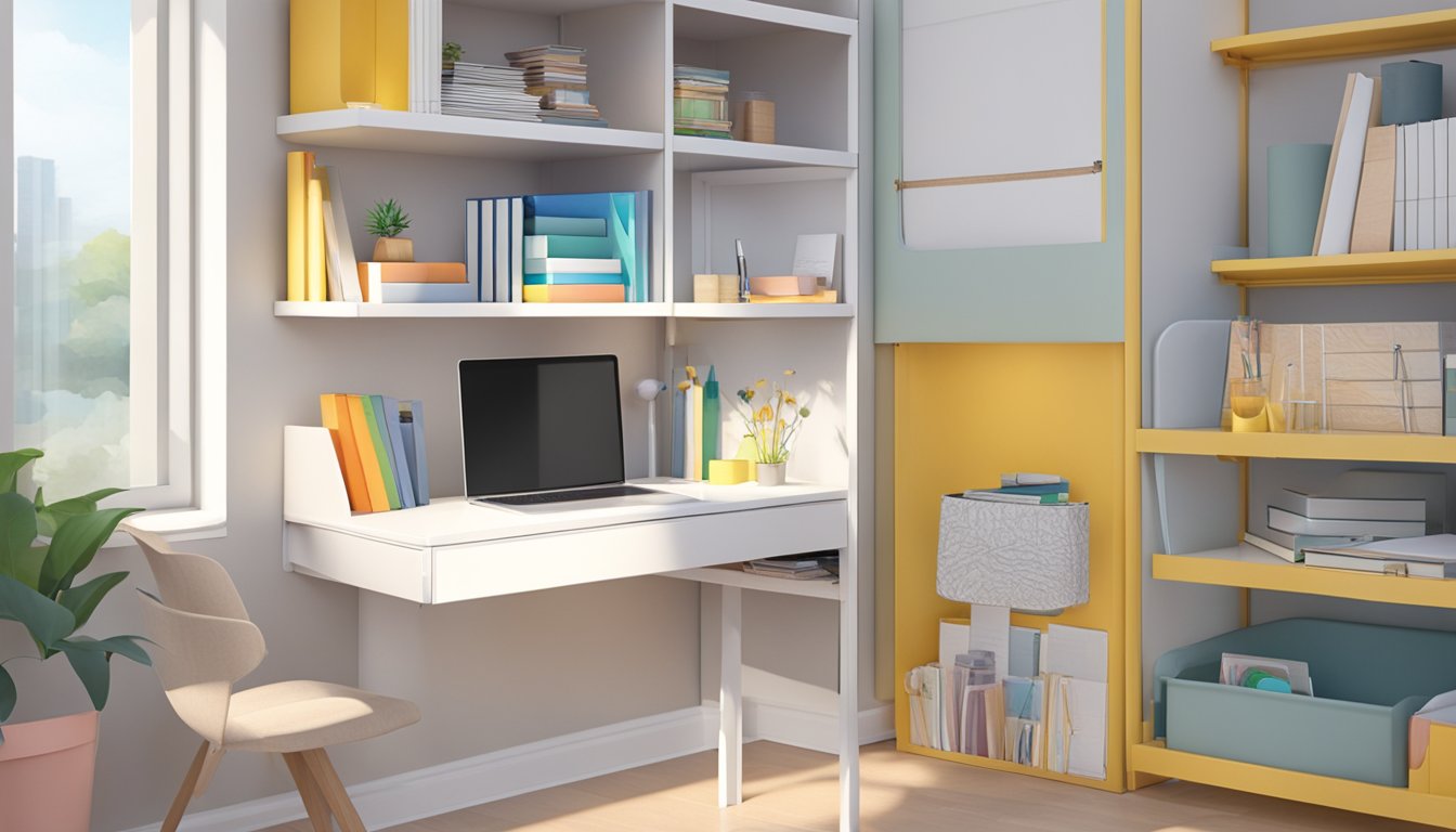 A foldable study table sits in a bright, modern room in Singapore, surrounded by books and stationary. The table is sleek and compact, with adjustable height and storage compartments