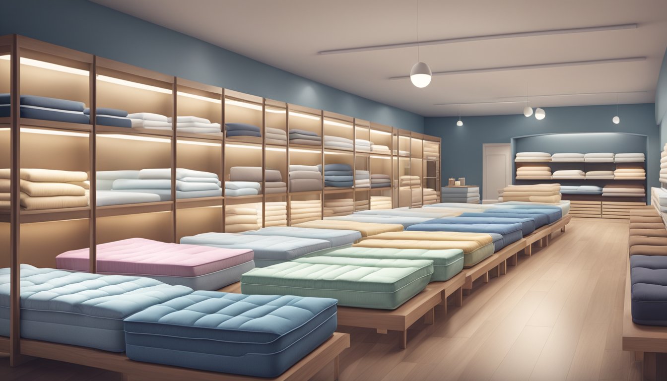 A brightly lit mattress shop with rows of neatly displayed mattresses of various sizes and colors, a cozy setting with soft lighting and comfortable ambiance