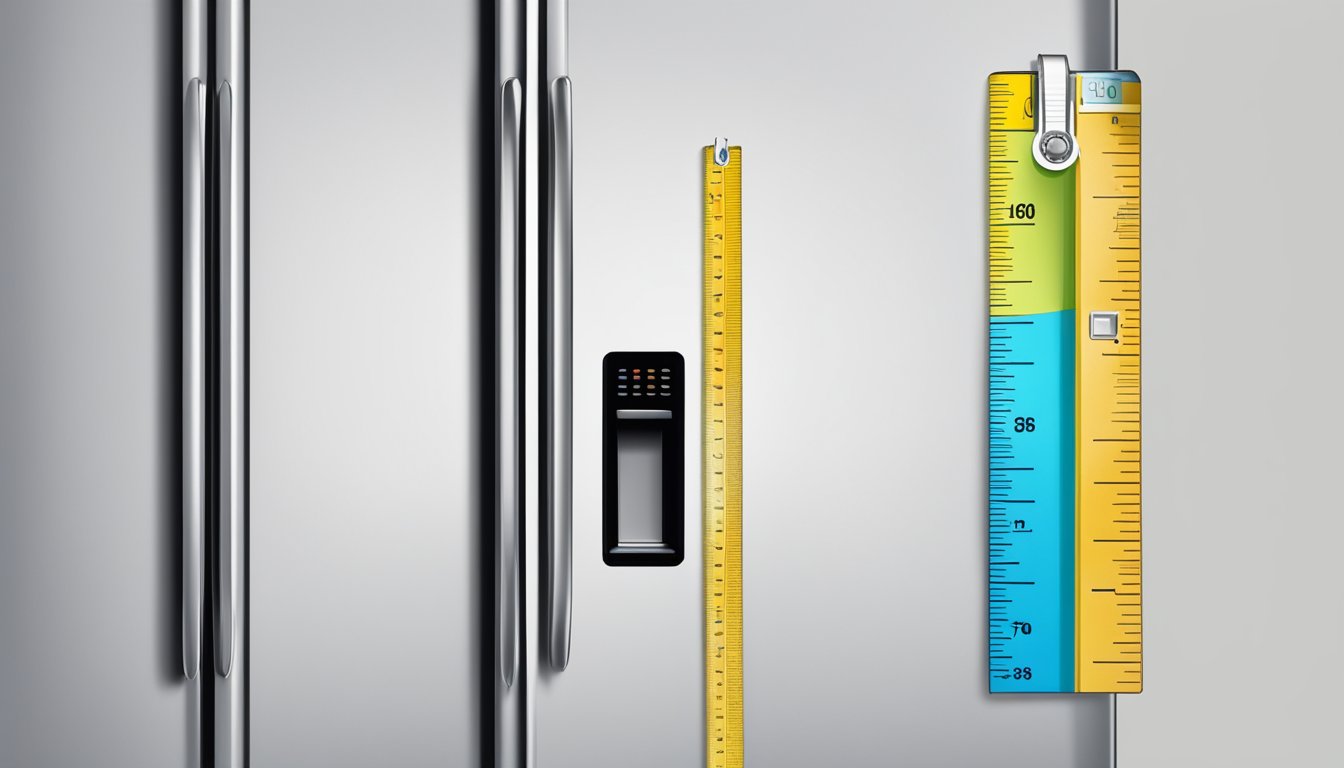 A tape measure extends upward against a fridge, indicating its height