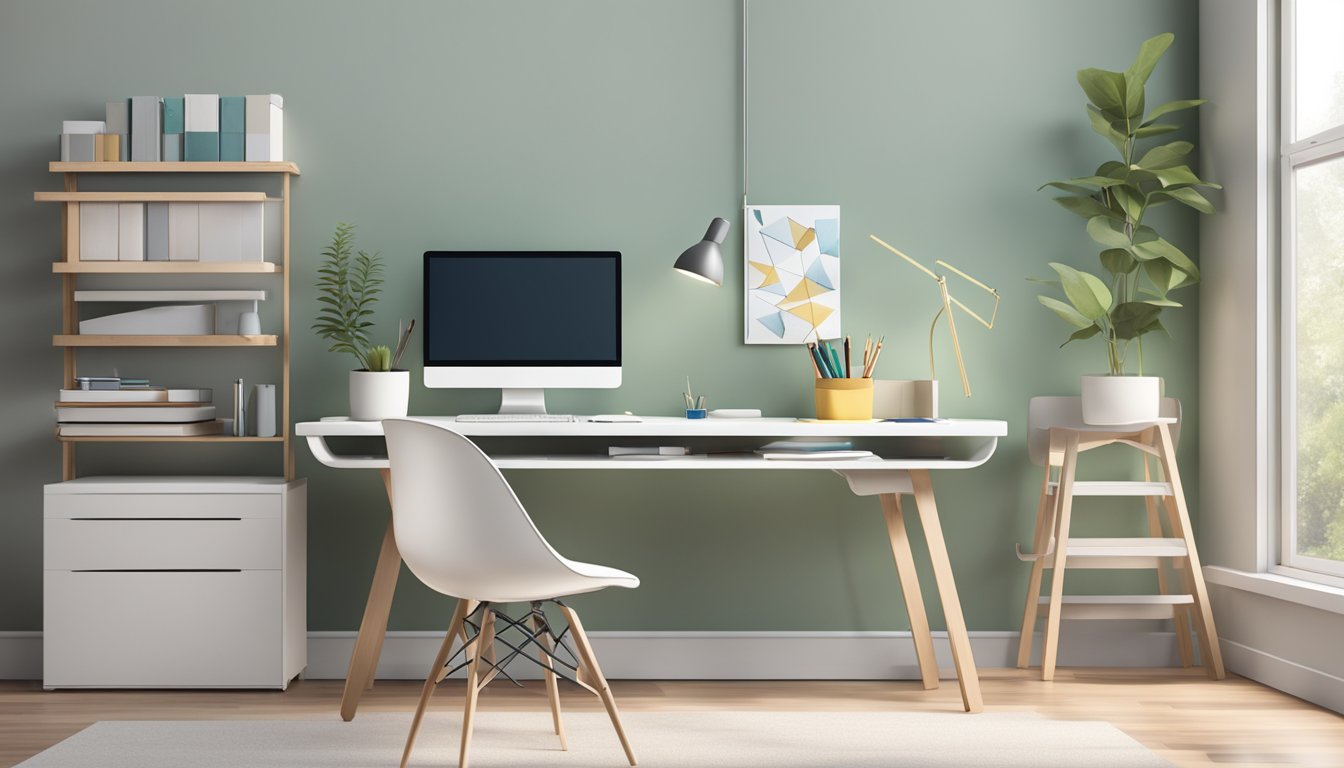 A modern, sleek foldable study table in a well-lit, minimalist room with a stylish chair and organized stationery