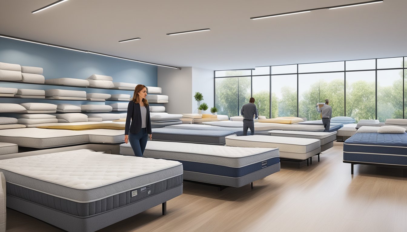 A customer tests different mattresses in a well-lit showroom with a variety of options on display