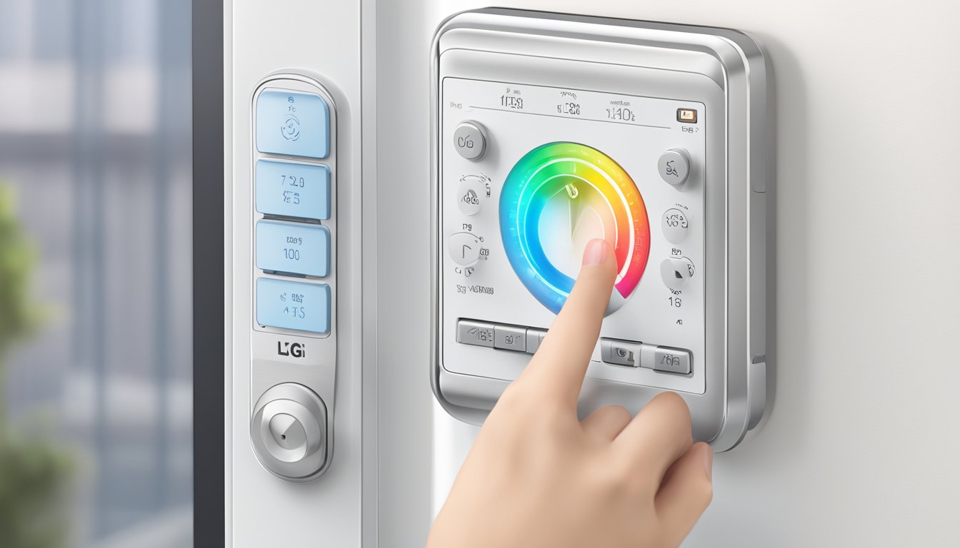 A hand adjusting temperature settings on an LG air conditioner remote control, with various features and modes displayed on the unit's LED screen
