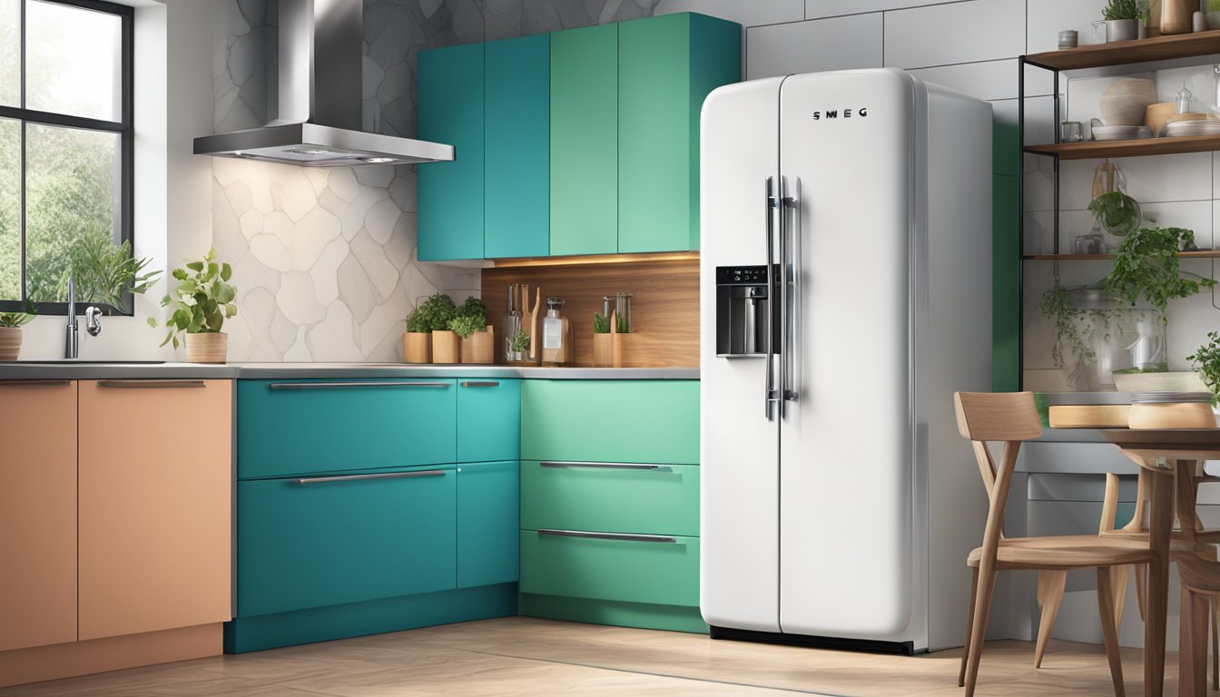 A sleek smeg refrigerator sits in a modern kitchen, its vibrant color and retro design adding a pop of style to the room