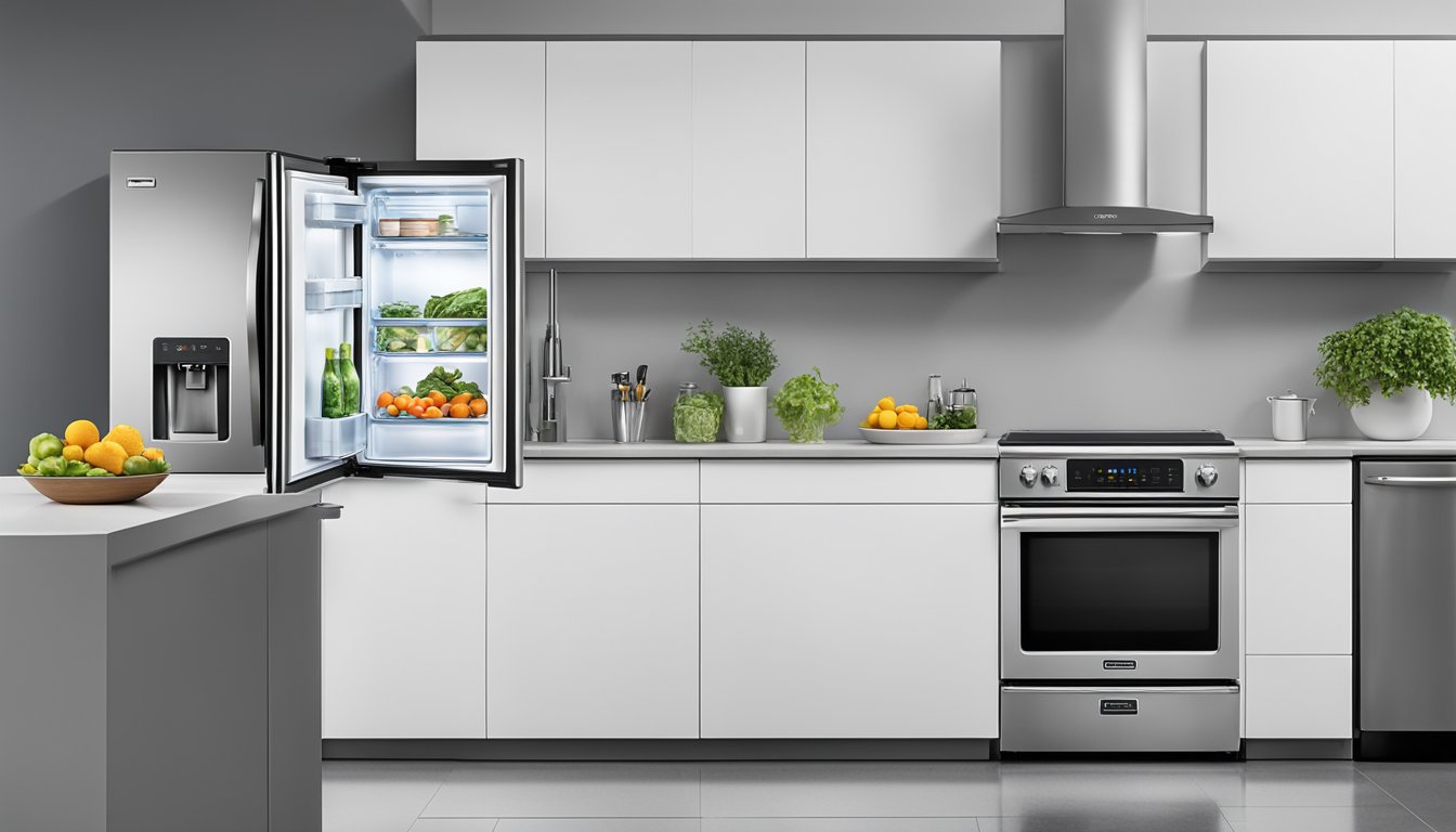 The fridge stands at eye level, with a clean, stainless steel exterior. The "Frequently Asked Questions" label is prominently displayed at the top