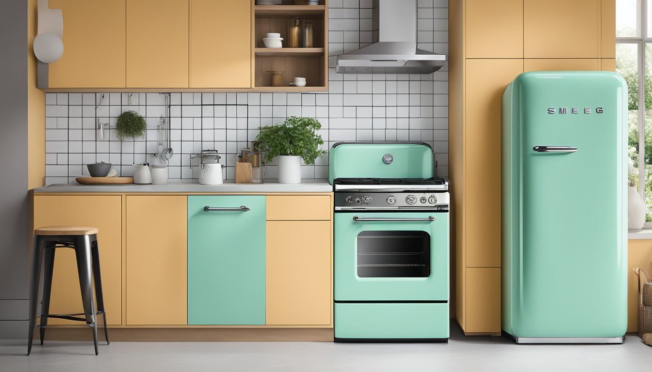The sleek, retro-inspired Smeg refrigerator stands as a focal point in a modern, minimalist kitchen, its bold colors and smooth lines adding a pop of vintage charm to the space