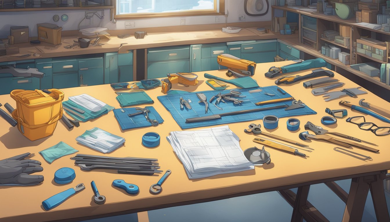 A table with tools and parts laid out, instructions in hand. Safety goggles and gloves nearby