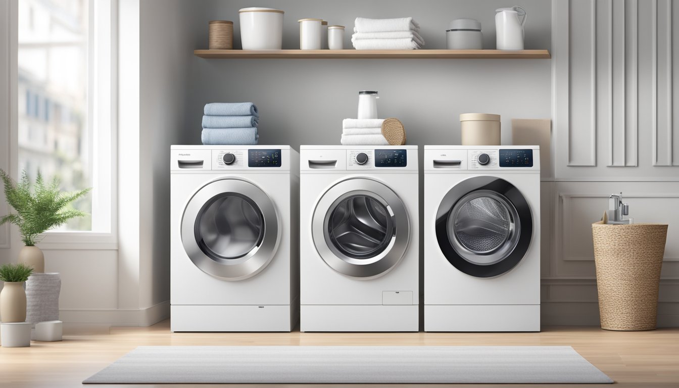 A modern 2 in 1 washing machine and dryer in a sleek, white design, with a digital display and control panel, surrounded by laundry detergent and fabric softener on a clean countertop