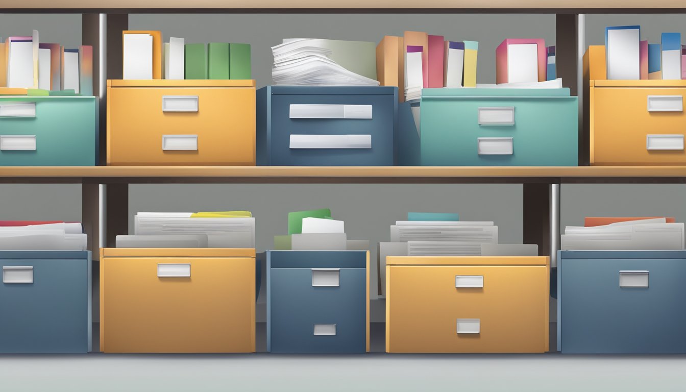 Office drawers arranged in a row, some open, some closed. Papers and files peeking out, labeled tabs visible. Handles and locks on each drawer