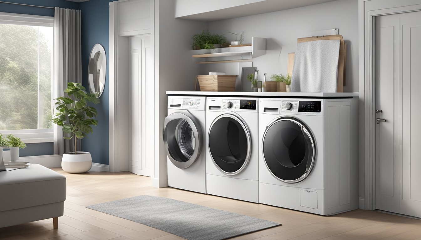 A 2 in 1 washing machine and dryer with a sleek, modern design. The washer door is open, revealing the stainless steel drum inside. The control panel features a digital display and various settings for washing and drying