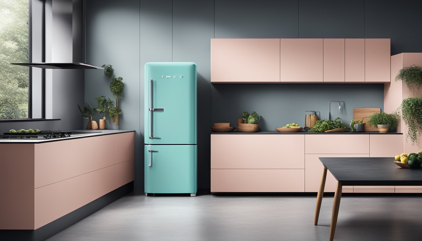 A sleek, modern smeg refrigerator stands center stage, surrounded by cutting-edge technology and a vibrant performance setting