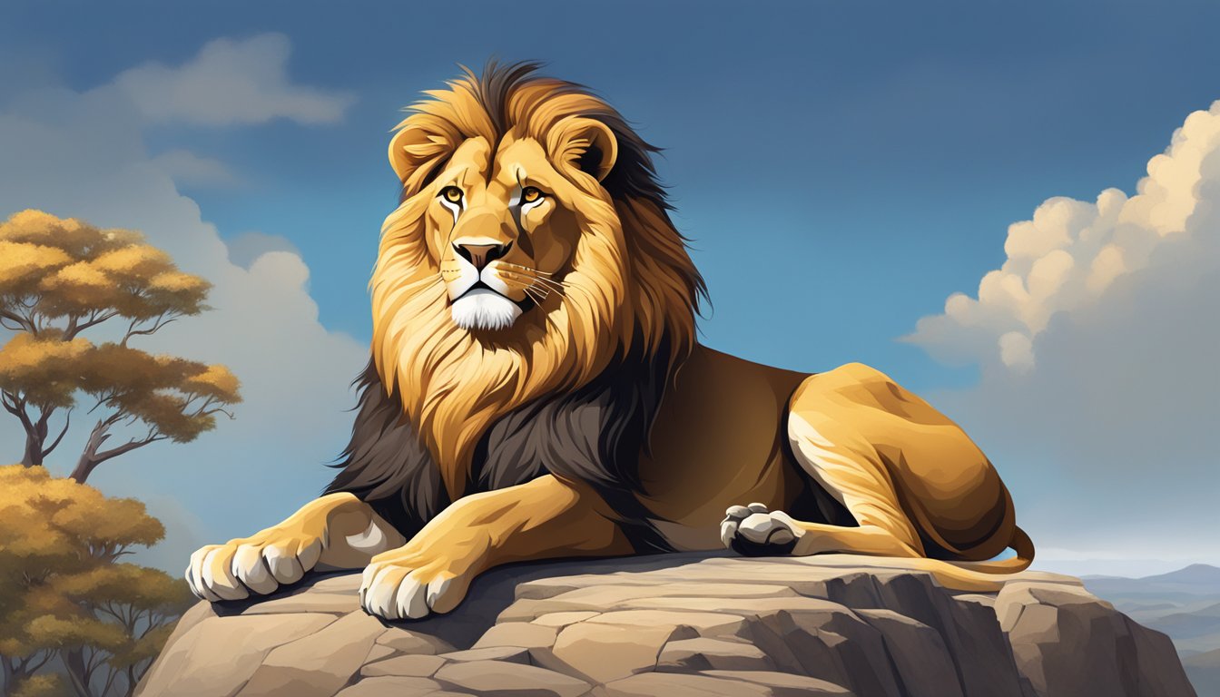 A majestic lion with a thick, golden mane stands proudly on a rocky outcrop, gazing out over the vast savannah