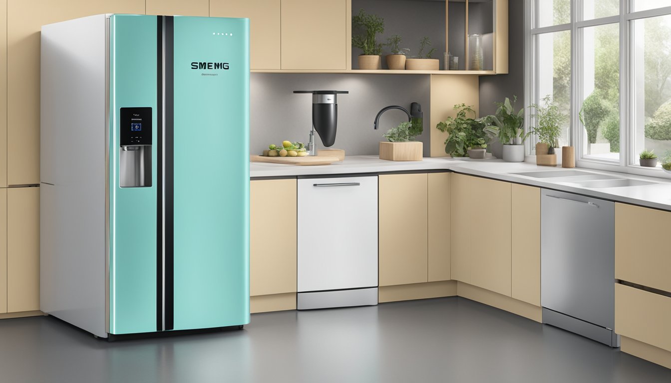 A sleek Smeg refrigerator stands in a modern kitchen, with the words "Frequently Asked Questions" displayed on the digital screen