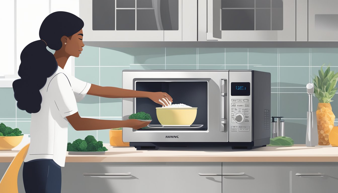 A person placing a bowl of food into a sleek, stainless steel microwave with a digital display, and then wiping the interior clean with a damp cloth