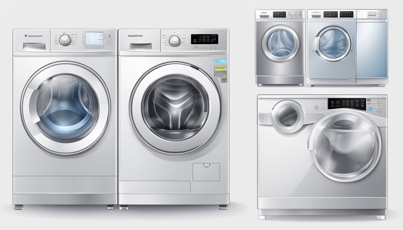 A 2 in 1 washing machine and dryer with clear control panel, transparent door, and labeled compartments for detergent and fabric softener