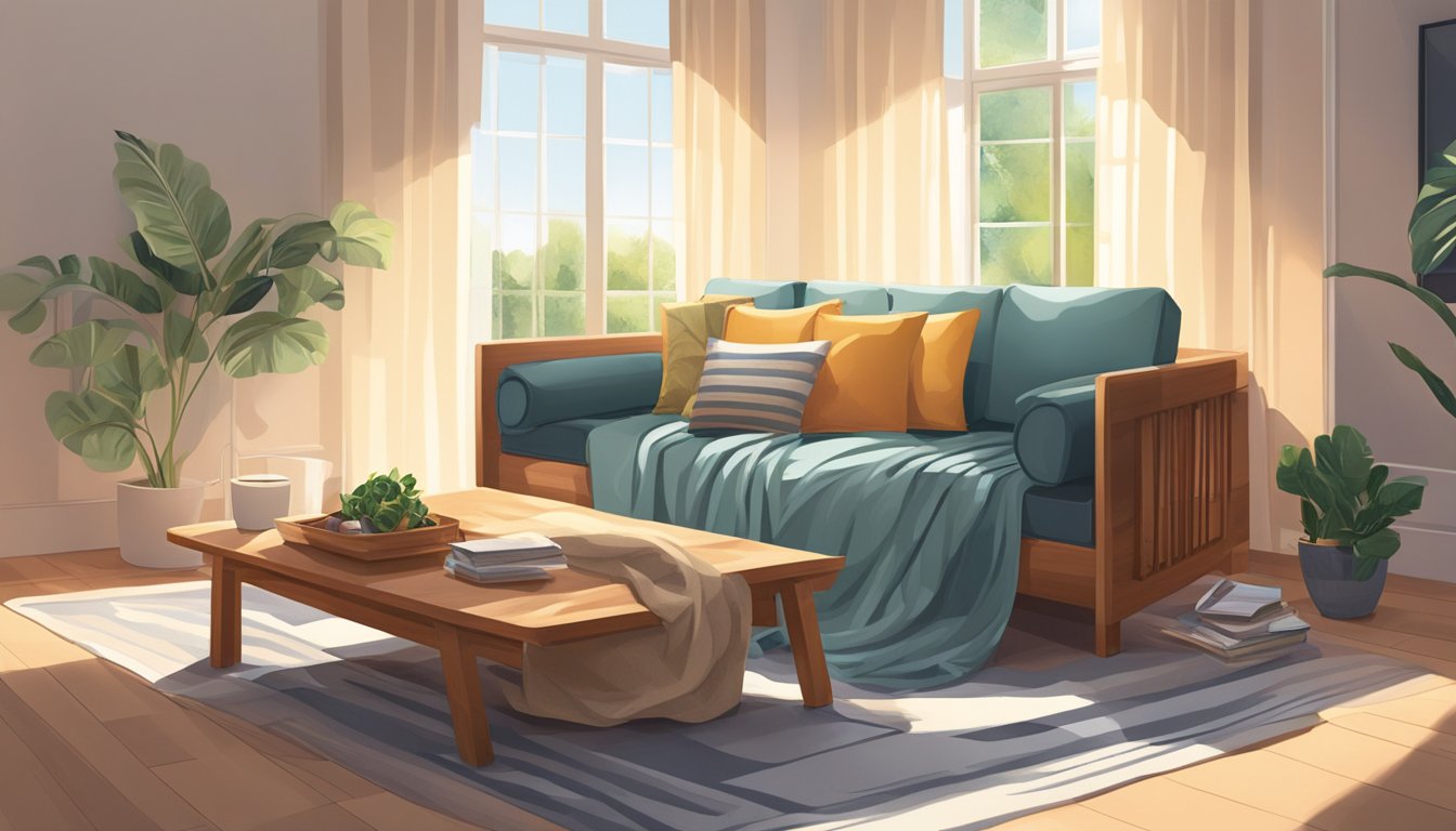 A wooden sofa bed in a living room, with cushions arranged neatly and a throw blanket draped over the armrest. The room is well-lit with natural sunlight streaming in through the windows, creating a warm and inviting ambiance