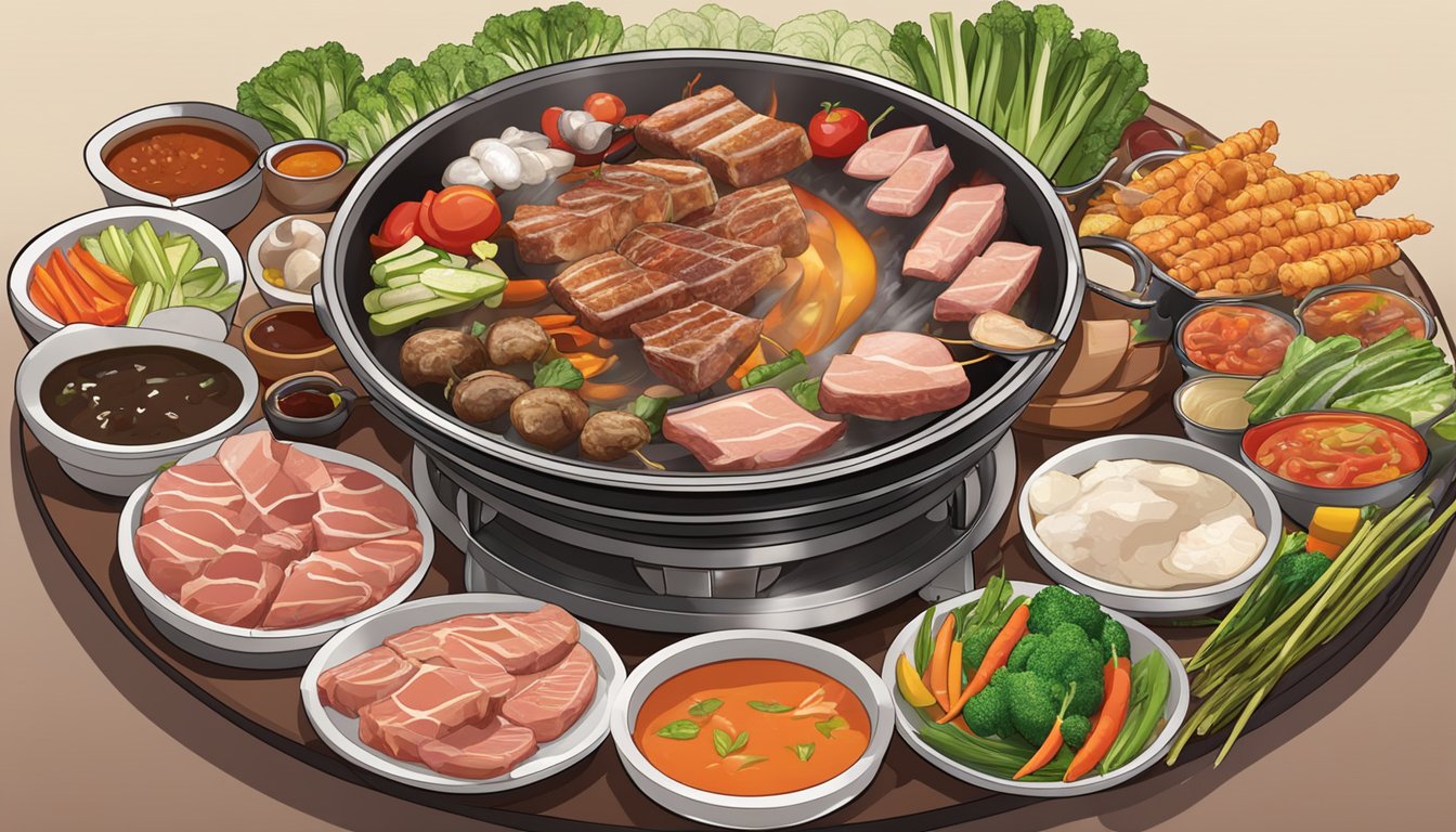 A sizzling hot pot grill with steam rising, surrounded by various raw meats, vegetables, and dipping sauces