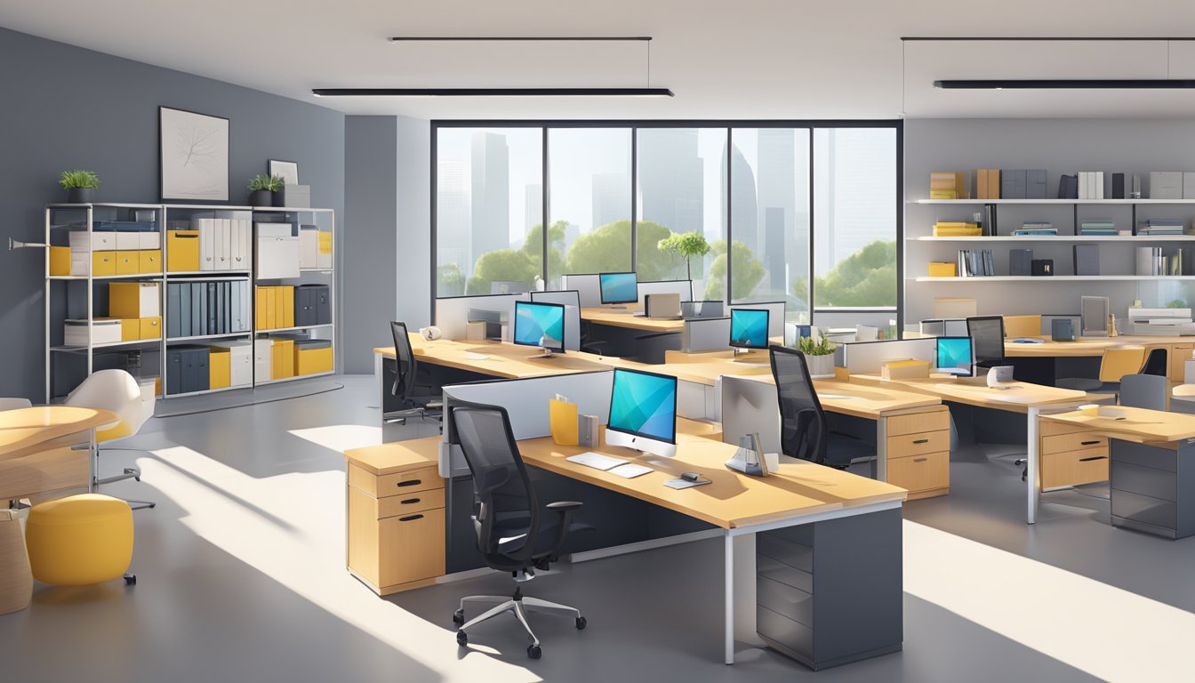 Office drawers neatly organized under sleek desks, with modern decor and ample natural light