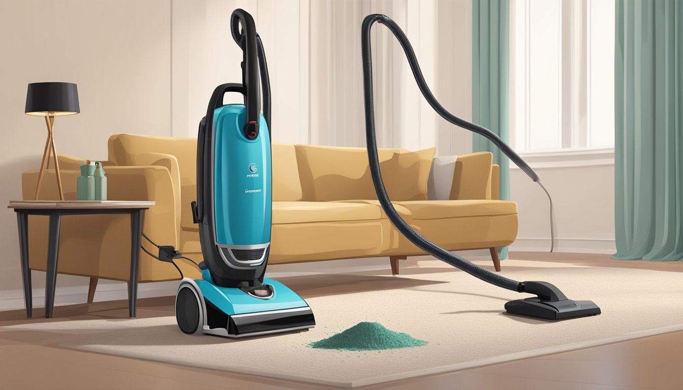 A Europace vacuum cleaner stands next to a sofa, with a pile of dust and debris nearby. The vacuum's power cord is plugged into an outlet on the wall