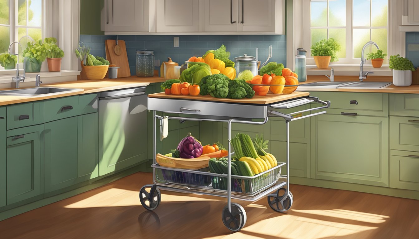 A trolley table sits in a sunlit kitchen, laden with fresh produce and cooking utensils