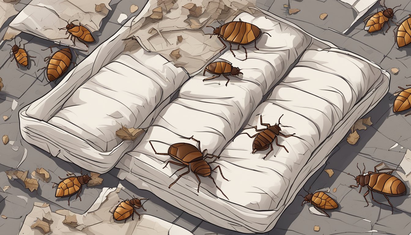 Bed bugs crawl inside a torn mattress, surrounded by dark stains and debris