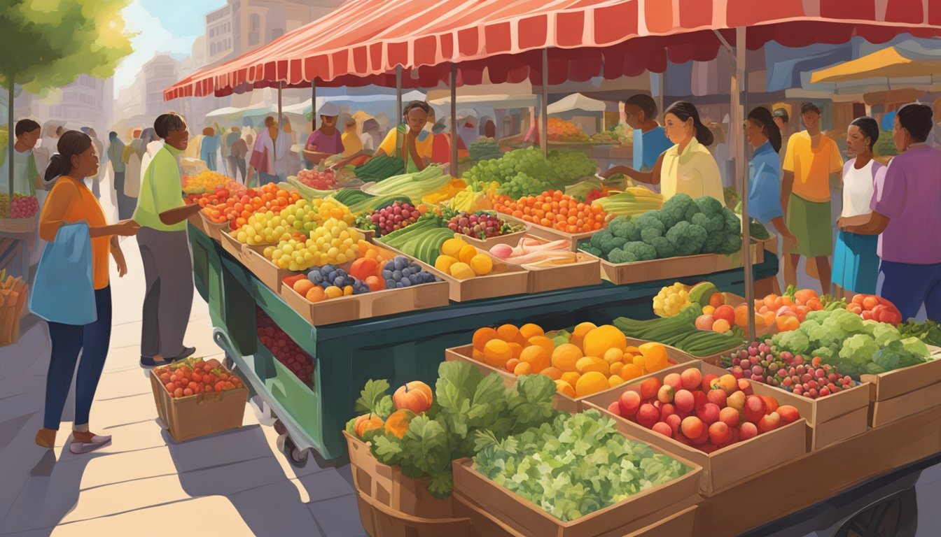 A trolley table rolls through a market, laden with colorful fruits, vegetables, and flowers. Shoppers browse the vibrant displays, while the sun casts a warm glow over the scene