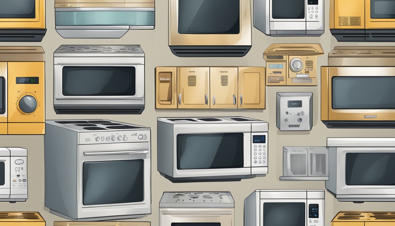 A variety of top microwave brands arranged neatly with labels and specifications, surrounded by question marks and a sense of curiosity