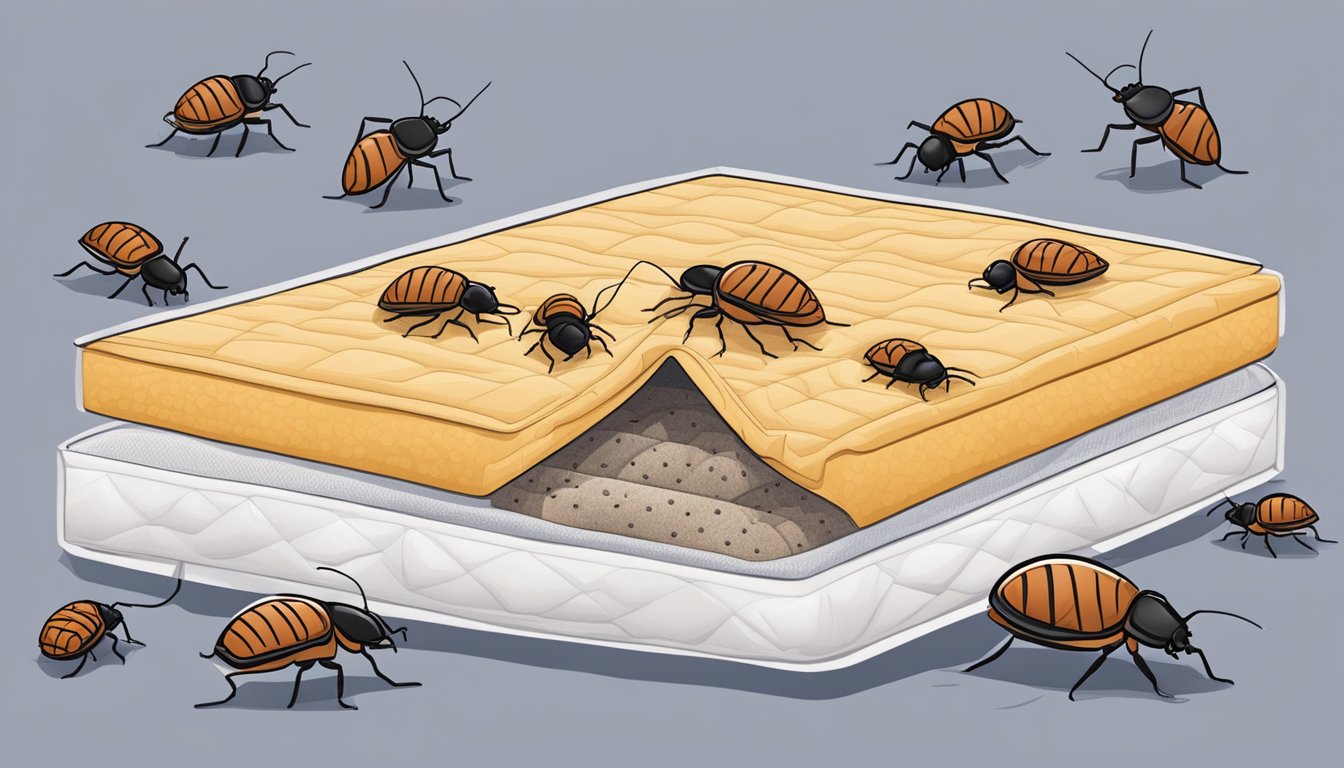 A mattress cut open, revealing bed bugs crawling inside