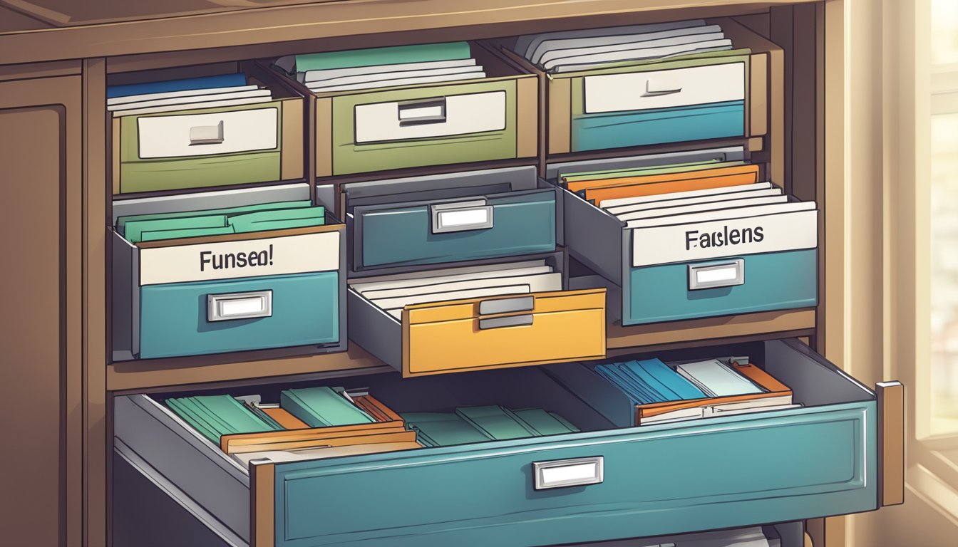 Office drawers labeled "Frequently Asked Questions" open with neatly organized files and folders inside