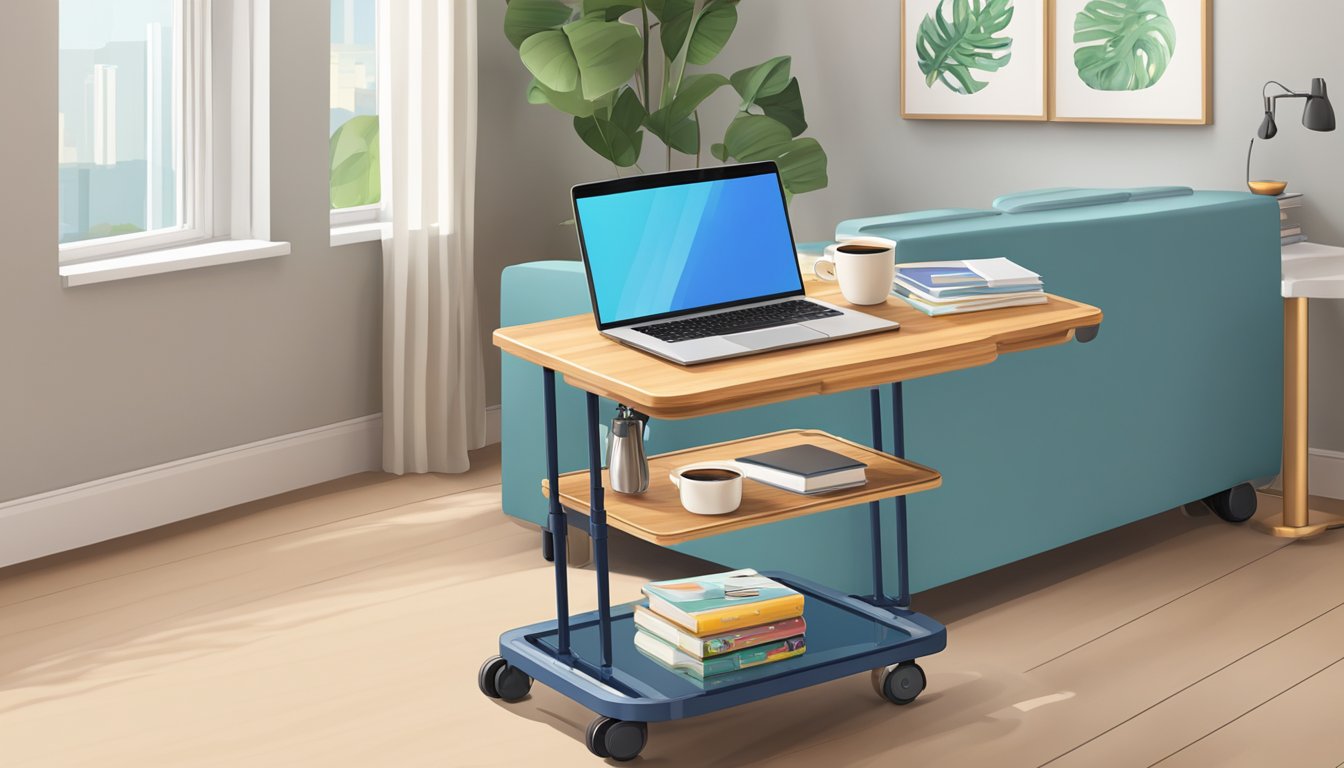 A trolley table holds a laptop, books, and a cup of coffee. It has wheels for easy mobility and a built-in storage compartment for convenience