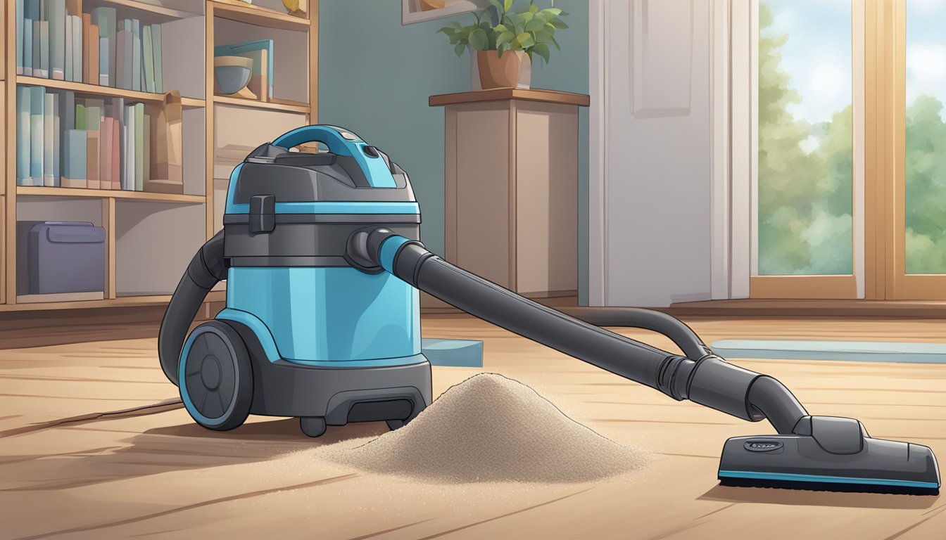 A Toyomi vacuum cleaner stands next to a pile of dust and debris, ready to tackle the mess