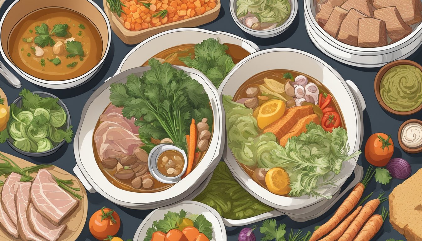 A bubbling pot of savory broth surrounded by an array of fresh vegetables, thinly sliced meats, and assorted dipping sauces