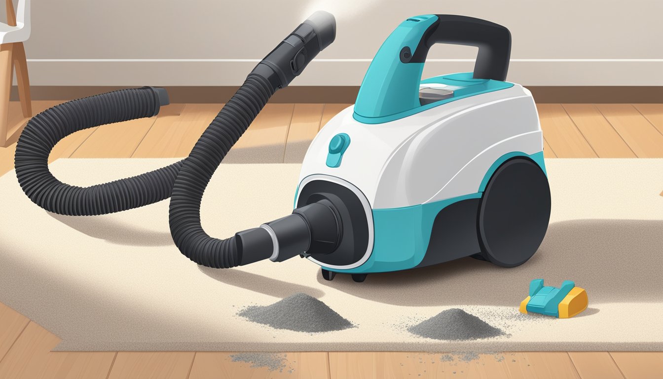 A Toyomi vacuum cleaner stands on a clean, carpeted floor next to a pile of dust and debris. The vacuum's sleek design and various attachments are visible, highlighting its powerful suction and versatility