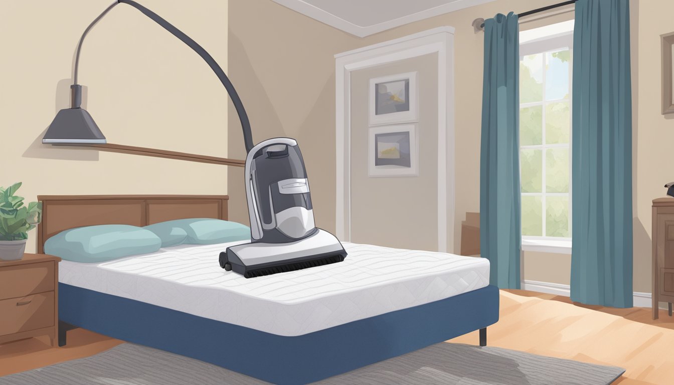 A hand holding a vacuum cleaner nozzle hovers over a mattress, sucking up bed bugs from the fabric. The mattress is propped up against a wall, with a pile of discarded bedding nearby