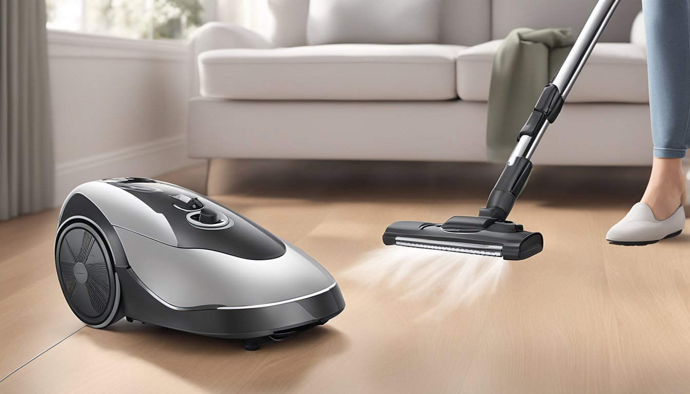 A woman effortlessly glides the europace vacuum cleaner across the floor, effortlessly picking up dust and debris. The sleek design and powerful suction make cleaning a breeze