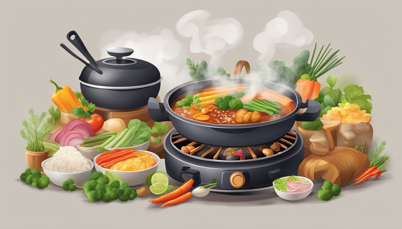 A steaming hot pot grill surrounded by various ingredients and utensils, with steam rising and a welcoming atmosphere