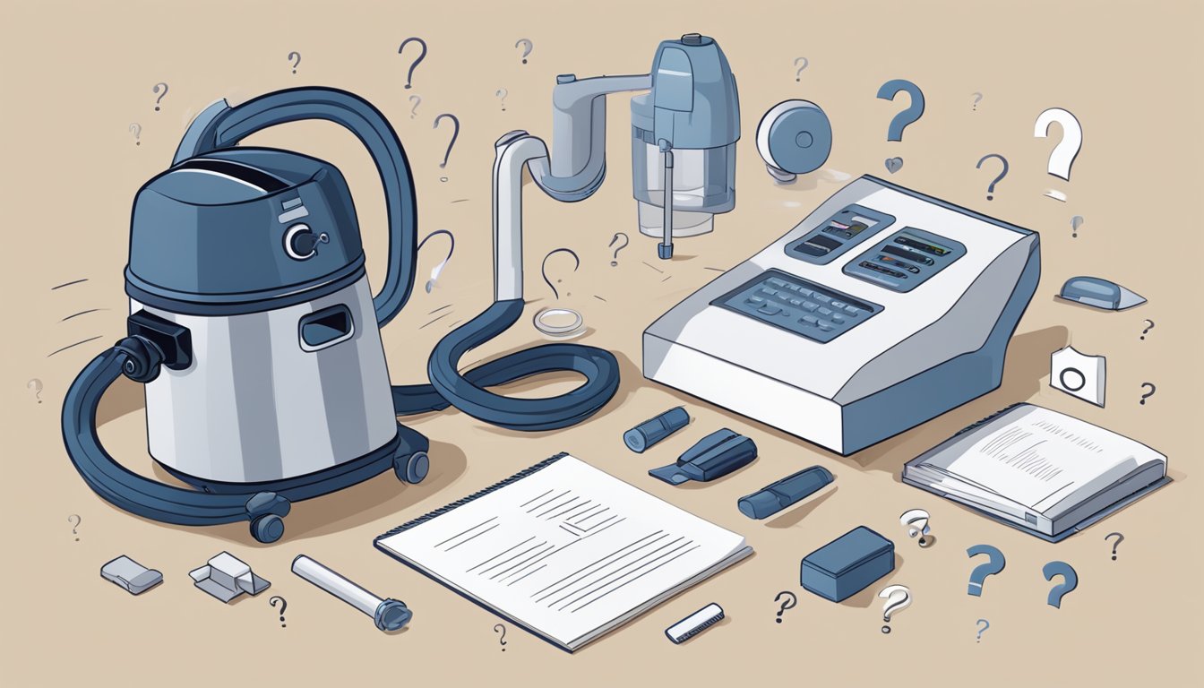 A europace vacuum cleaner surrounded by floating question marks and a list of frequently asked questions