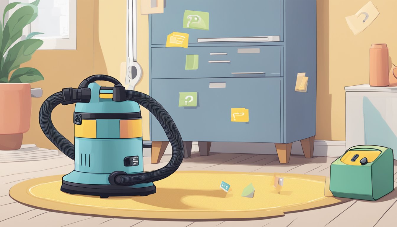 A toyomi vacuum cleaner surrounded by question marks and a list of FAQs