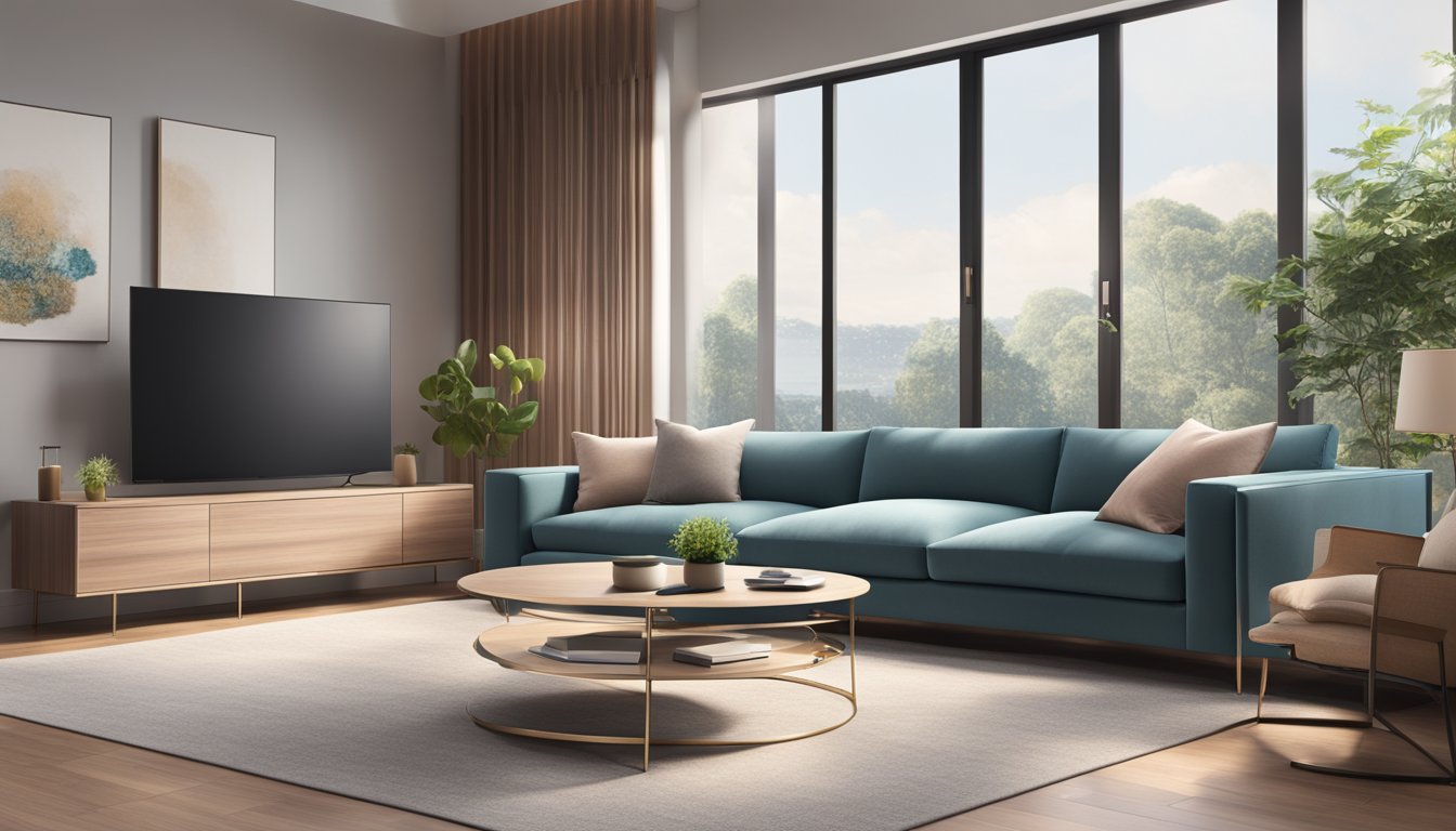 The LG air conditioner stands tall against a backdrop of a modern living room, with sleek design and advanced technology features on display