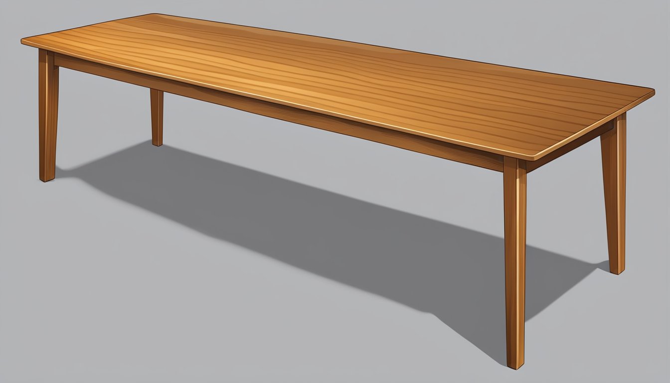 A wooden table, rectangular, 6 feet long, 3 feet wide, and 2.5 feet tall, with smooth, polished surface and four sturdy, straight legs