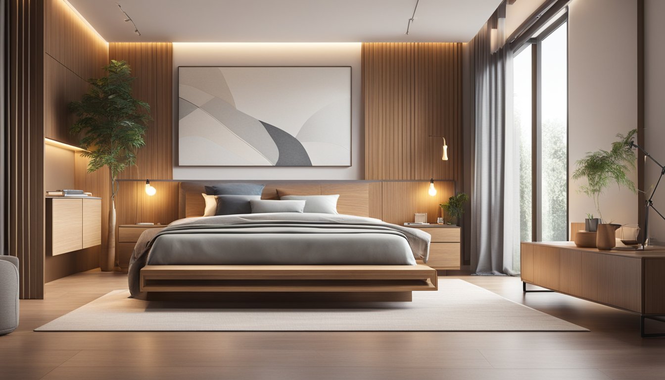 A sleek wooden storage bed sits against a feature wall, surrounded by modern decor and soft lighting in a spacious, airy bedroom