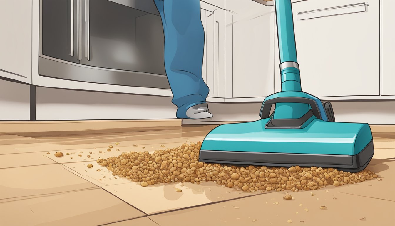 A portable vacuum sucking up crumbs from a kitchen floor