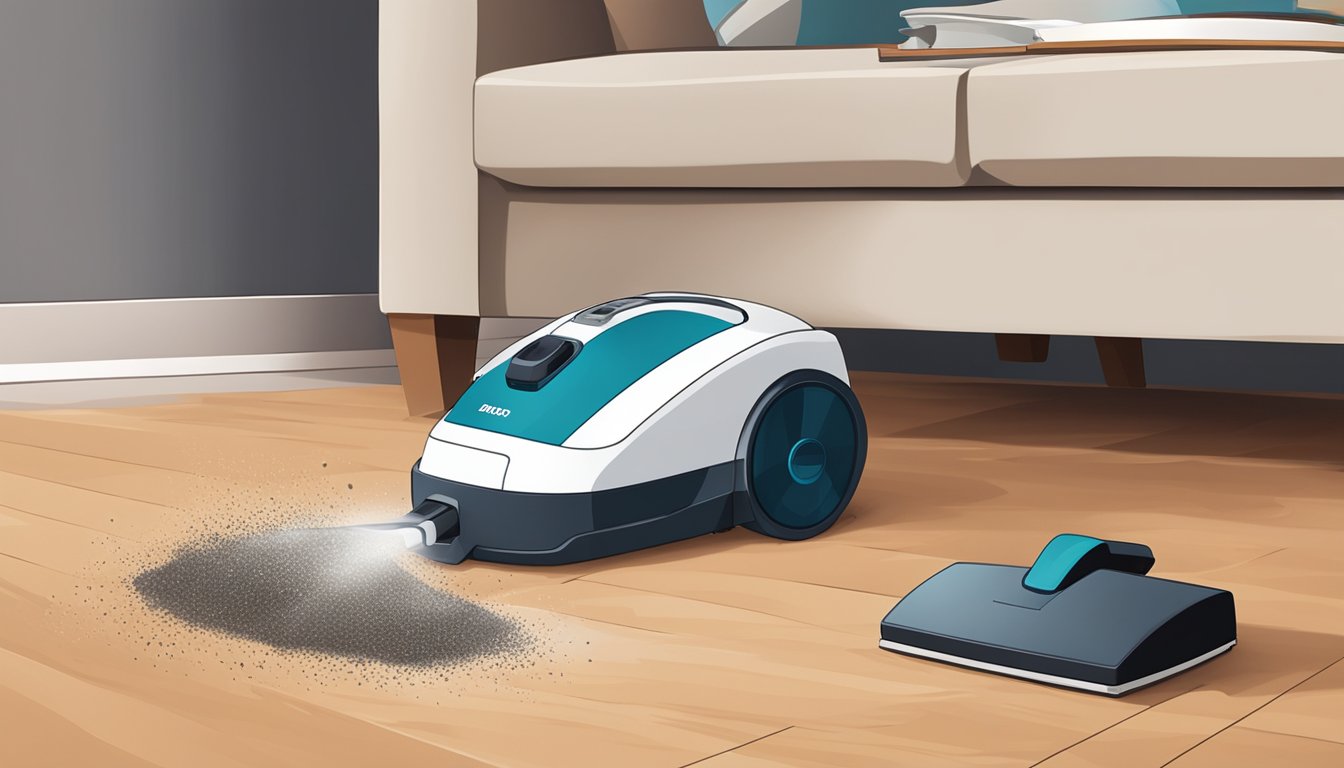A portable vacuum sits on a hardwood floor, surrounded by scattered crumbs and dust. Its compact size and handle are prominent features